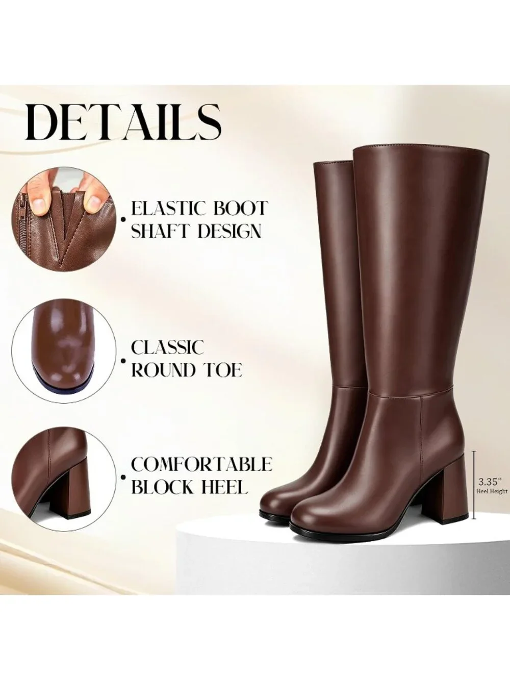 Women's Brown Round Toe 3.35 Inch Chunky Block Heel Slouchy Knee High Boots